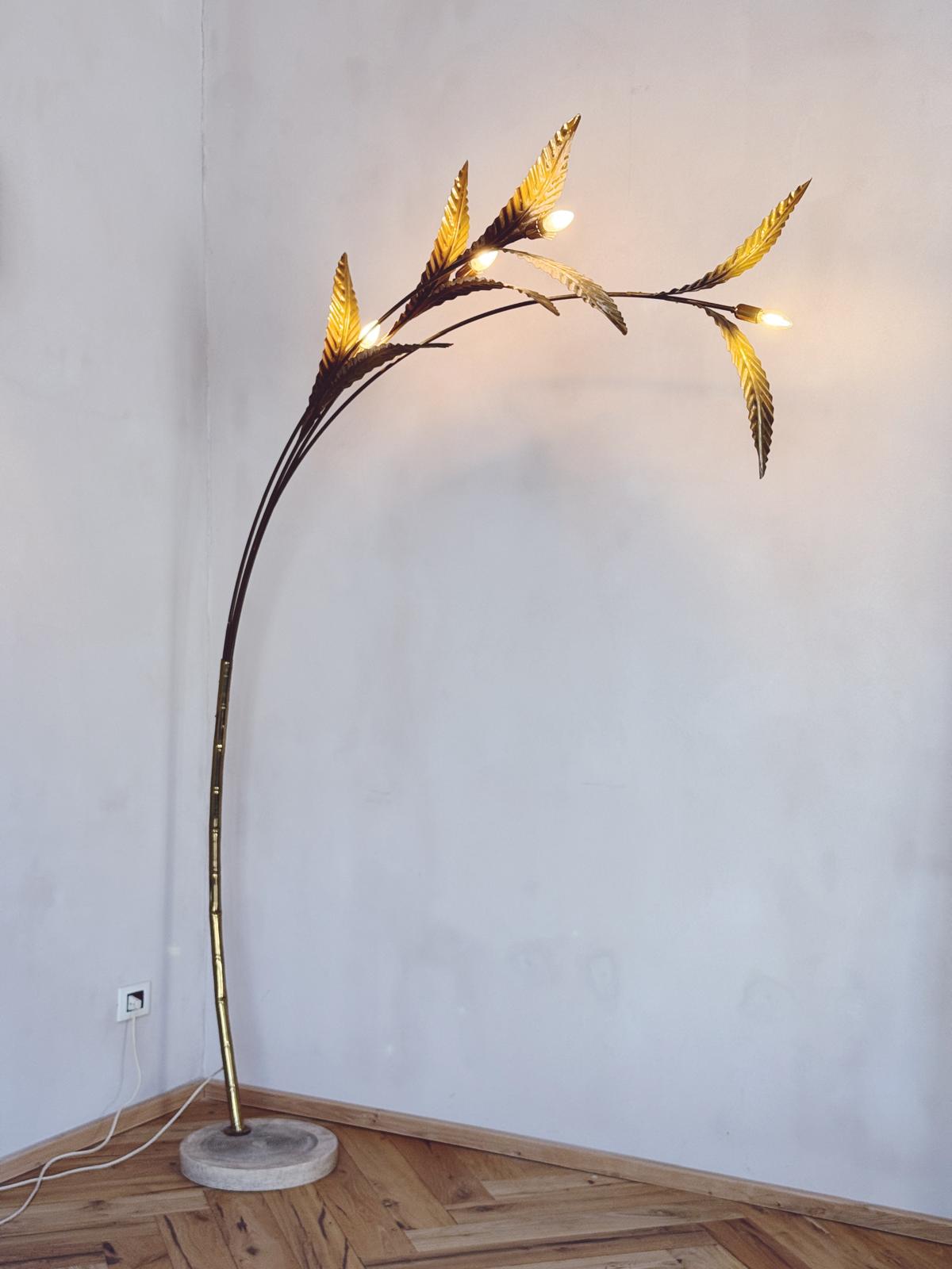 1960s Extra Large Brass Bamboo Leaf Floor Lamp