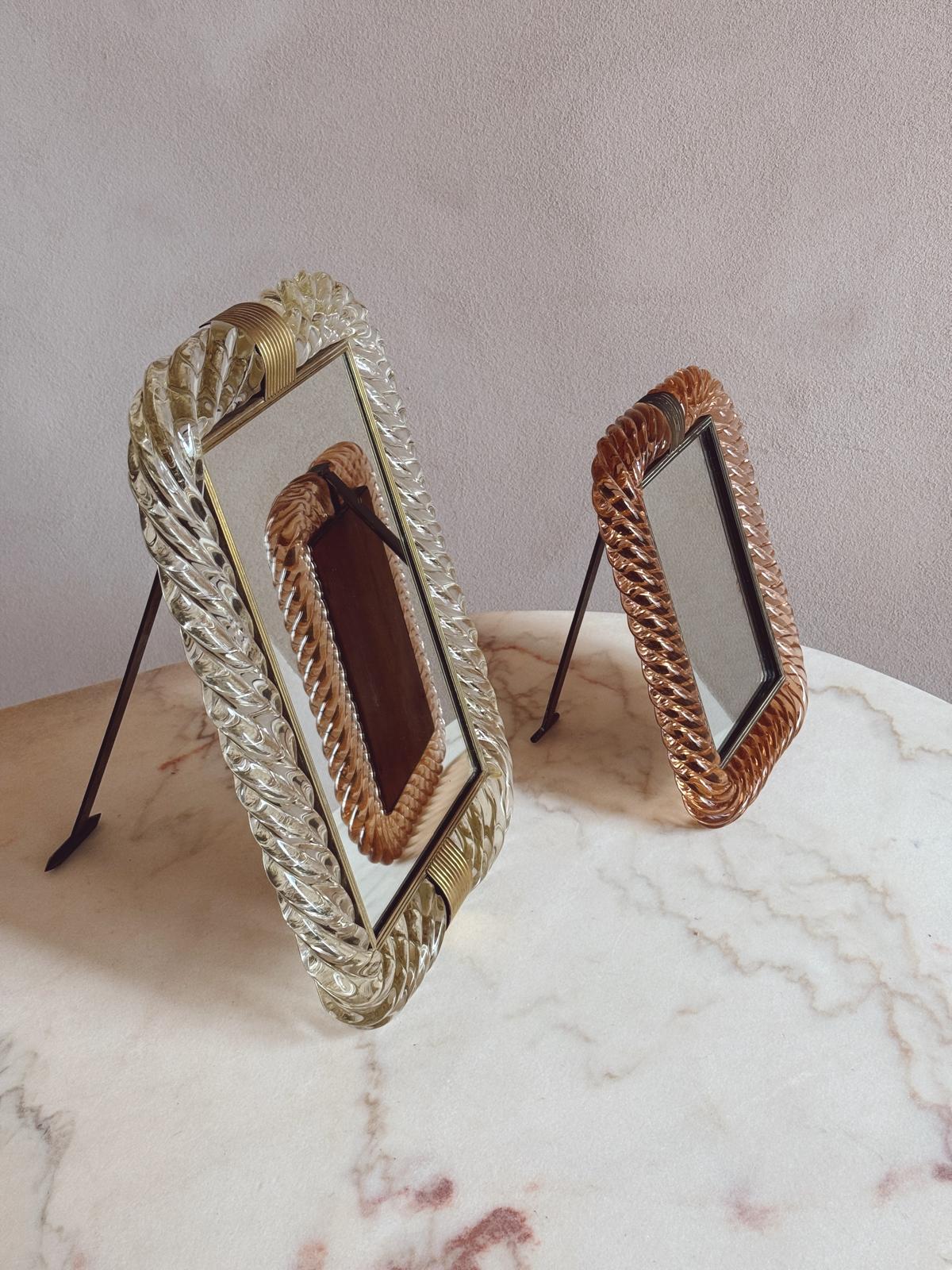 Pair of 1940s & 50s Venetian Peach & Transparent Murano Glass Frames with Mirror by Seguso, Vetri D'Arte & Venini