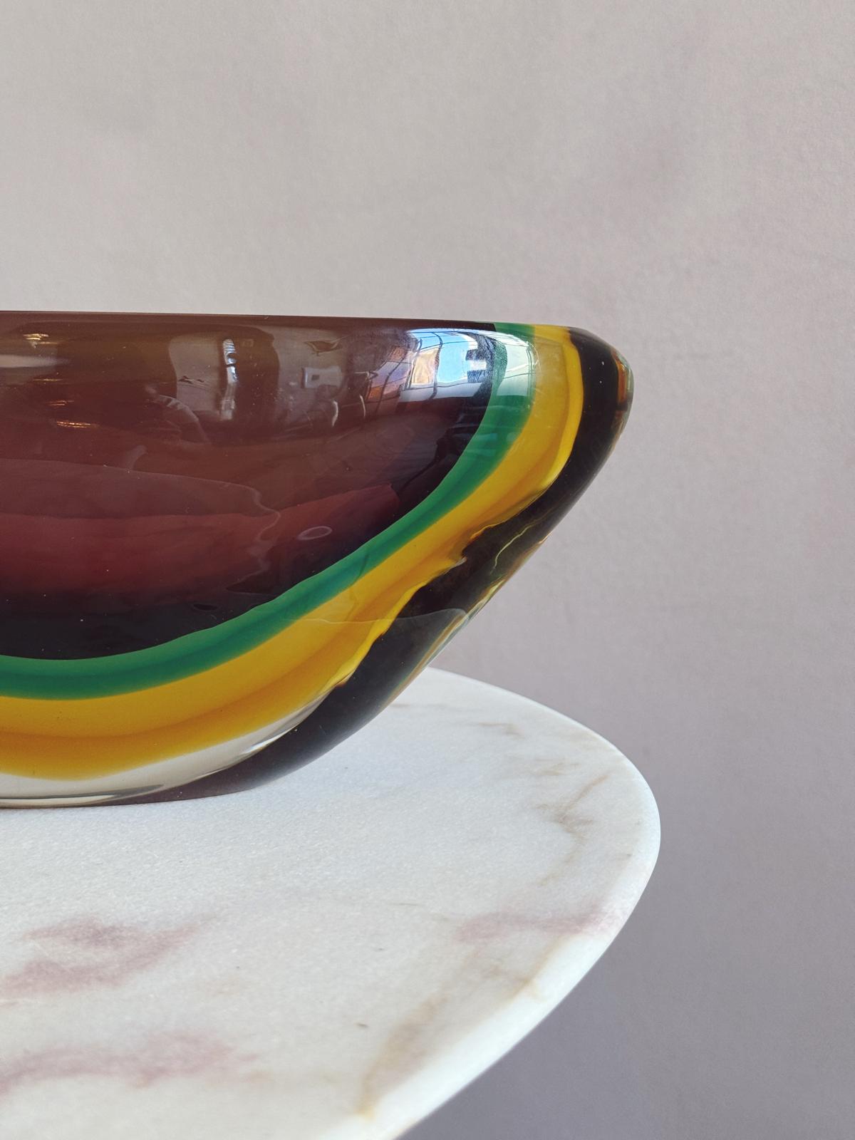 1960s Large Flavio Poli Triple Sommerso Bowl in Brown, Green & Yellow
