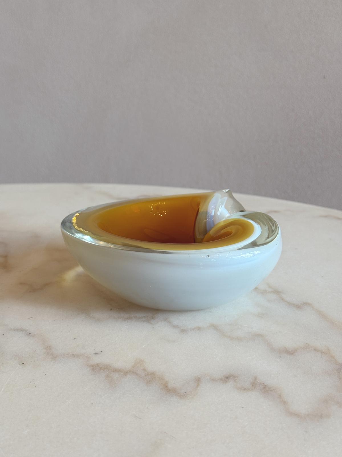 1970s Hand-blown Murano Glass White and Amber Bowl
