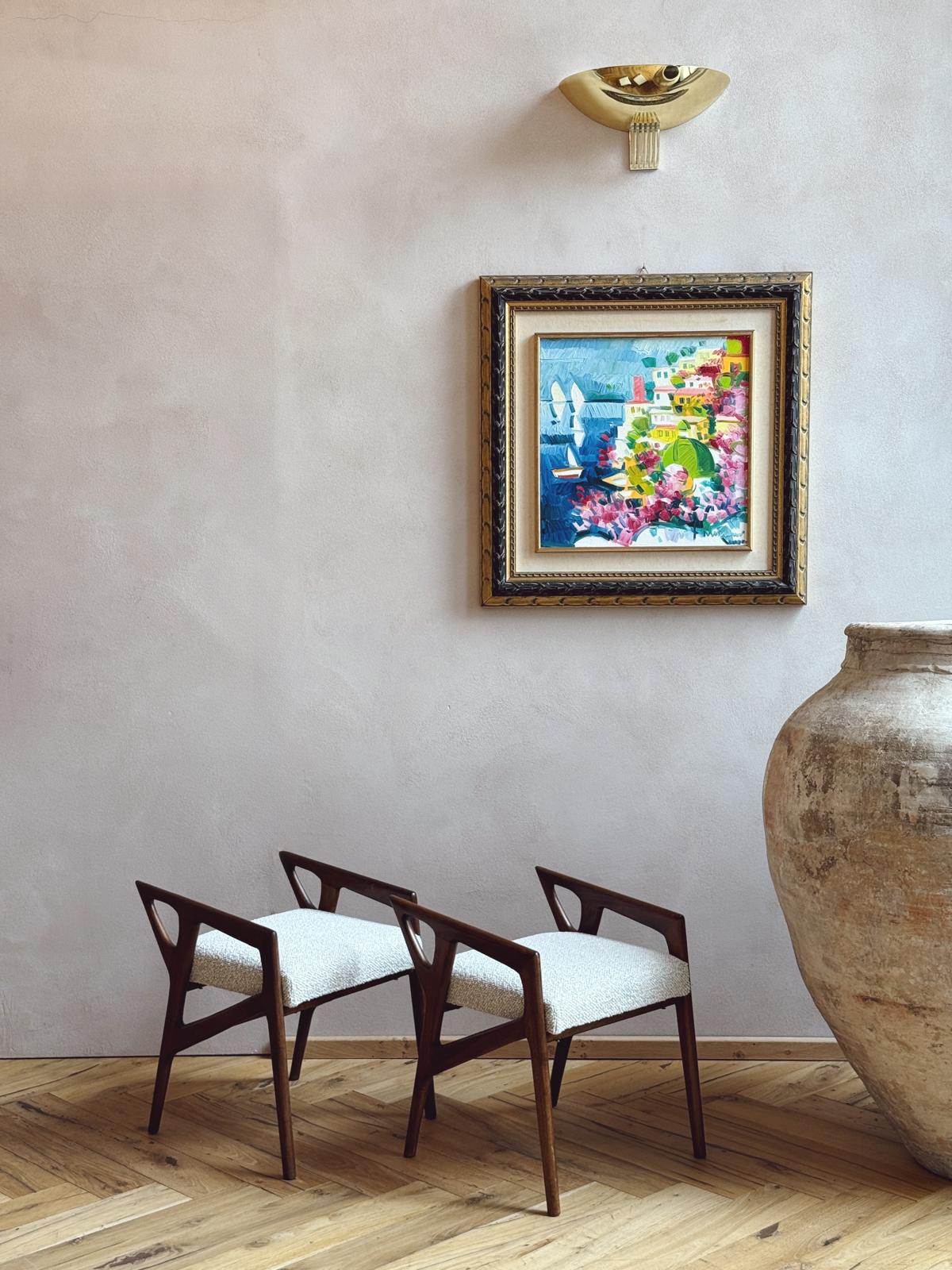 1950s Pair of Sculpted Stools by Gio Ponti. Reupholstered in Boucle. Model 687