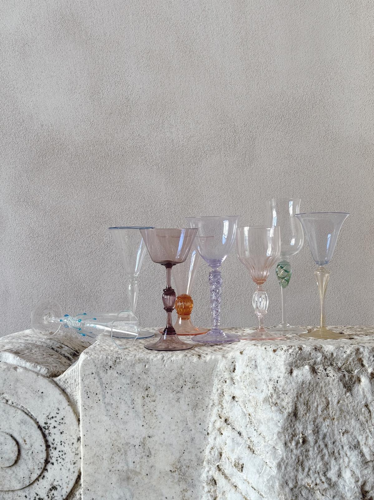 Perfectly Unmatched 1930s Duchessa Murano Wine Glasses (Set of 8)