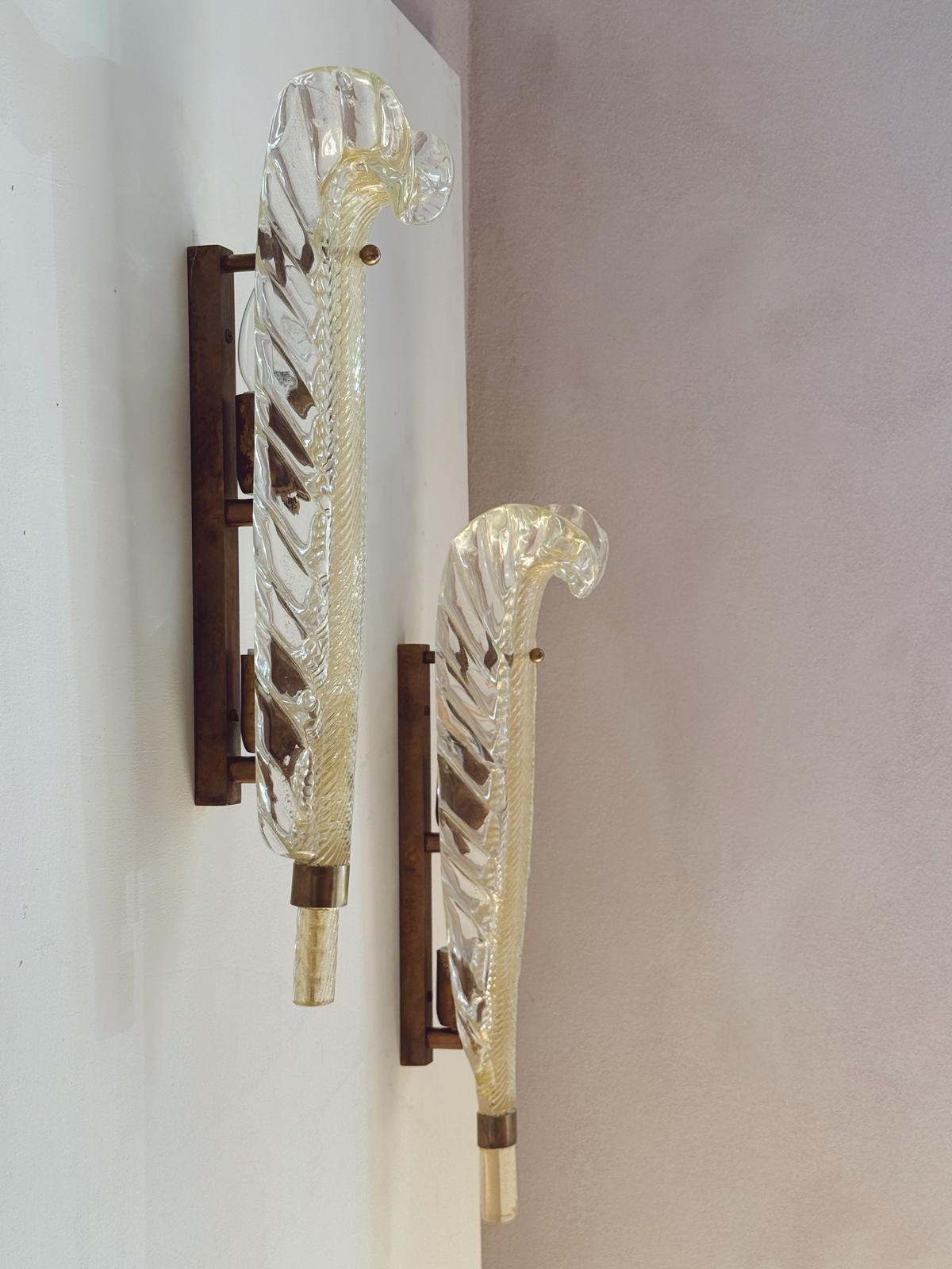 Pair of ex-Bauer Hotel   Murano glass Leaf Wall lights, attributed to Seguso Vetri d’Arte, Venice, 1950s