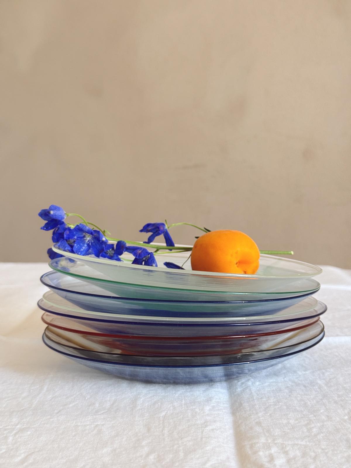 Perfectly Unmatching: Set of 8 1950s Multicolour Hand-blown Murano Glass Fruit Plates, Signed Seguso
