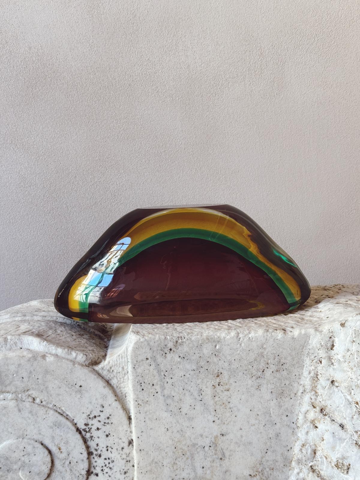 1960s Large Flavio Poli Triple Sommerso Bowl in Brown, Green & Yellow