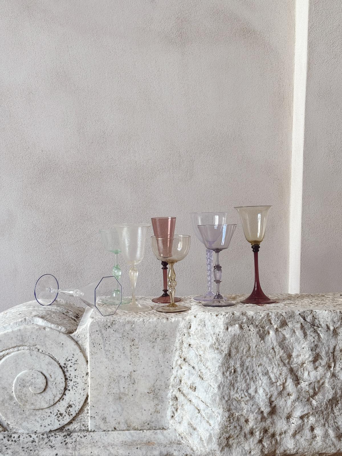 'Perfectly Unmatched' 1930s Marchese Murano Wine Glasses (Set of 8)