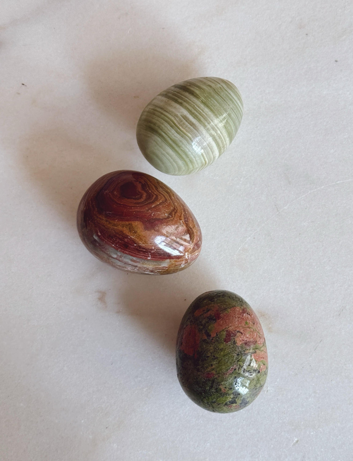 Set of Three Vintage Alabaster & Marble Green Eggs