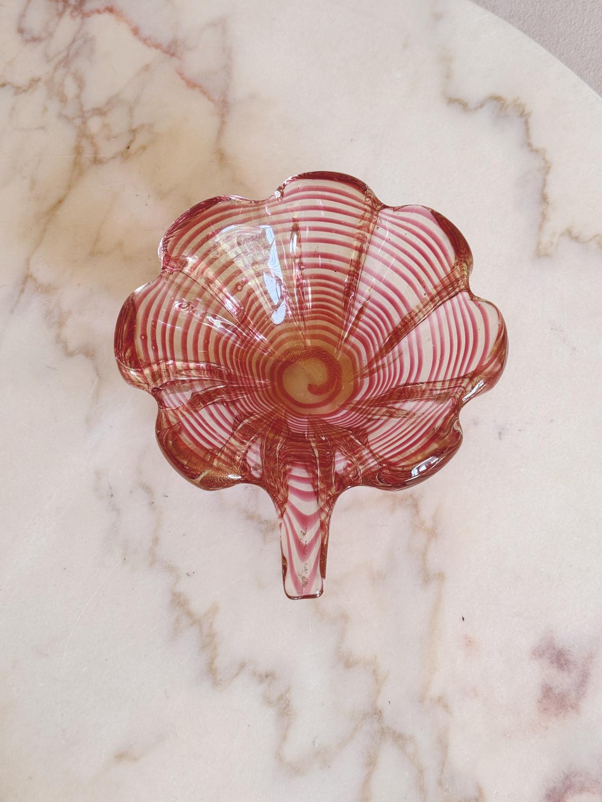 1950s Barovier Ogange Striped Murano Glass Flower Shaped Bowl
