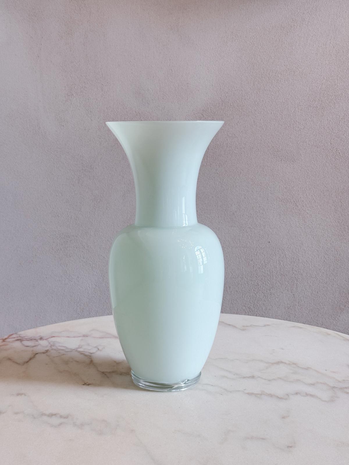Pair of Powder Blue and Green Hand-blown Murano Glass Venini Vases, 1980s