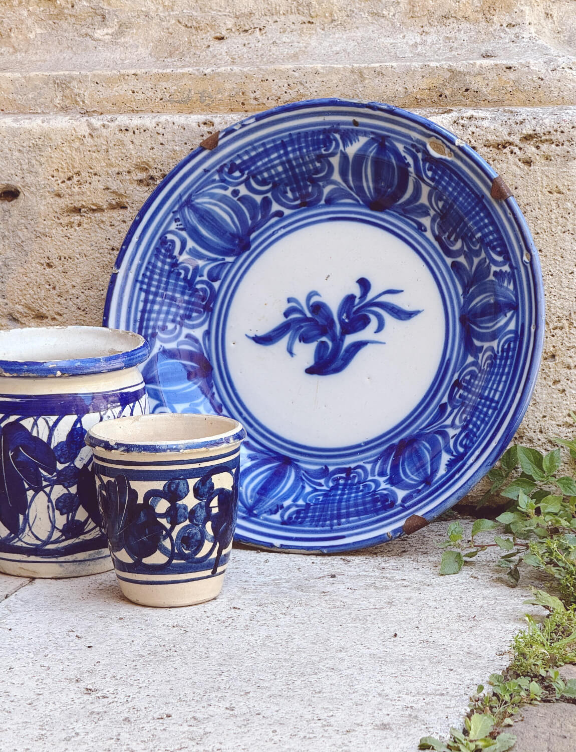 Three Hand-painted Ceramic Pugliese Pots with Sicilian Flower Plate, 1800s