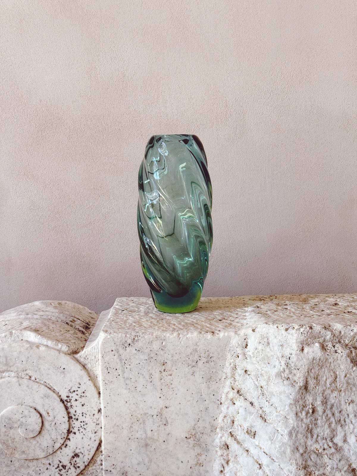 1970s Twisted Pale Marine Blue Murano Glass Vase by Seguso