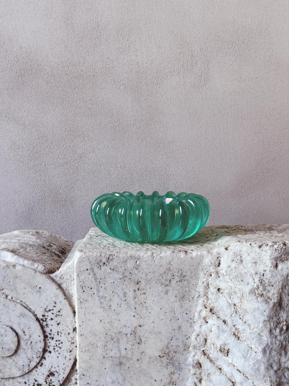 1970s Hand-blown Murano Glass Turquoise ridged bowl