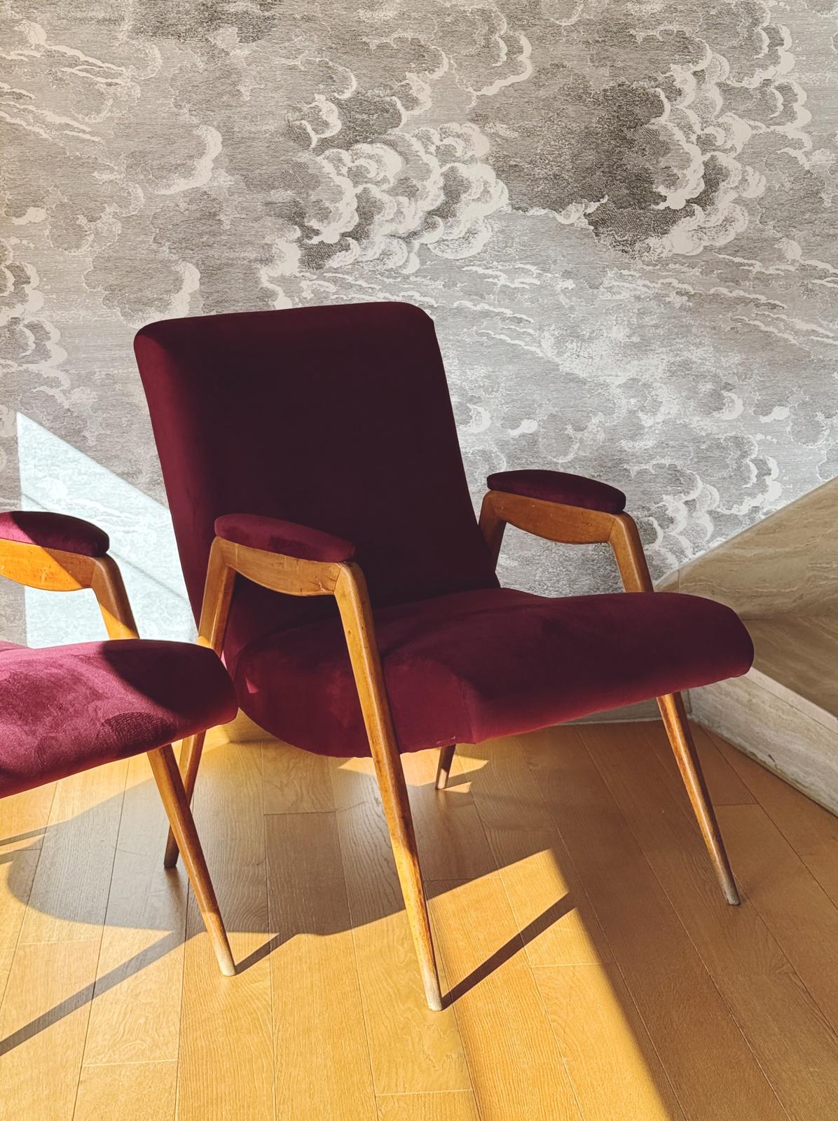 Pair of 1960s Italian Armchairs in Plum Dedar Velvet