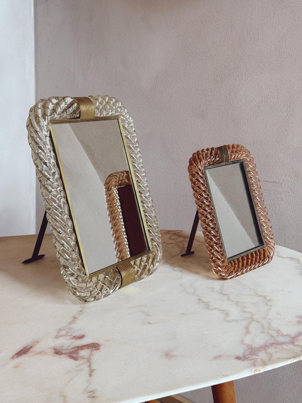 Pair of 1940s & 50s Venetian Peach & Transparent Murano Glass Frames with Mirror by Seguso, Vetri D'Arte & Venini