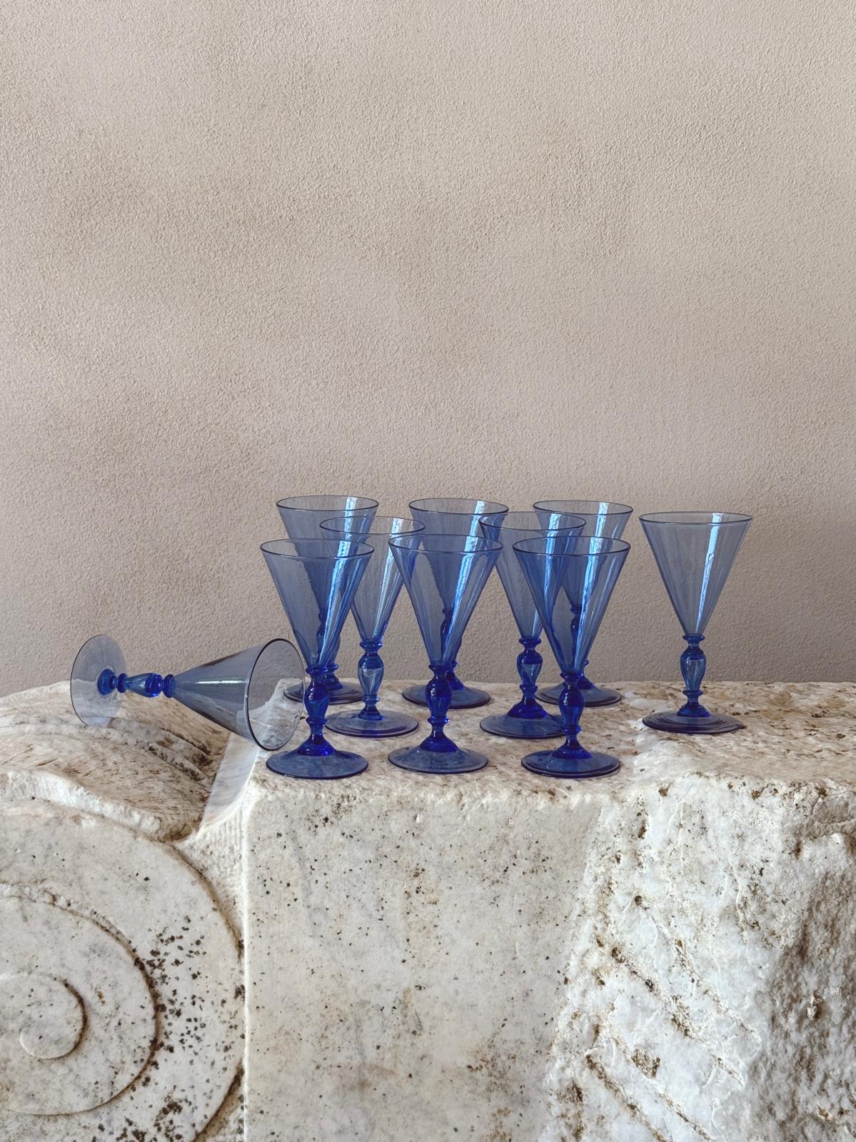 1920s Barovier Blue Hand-blown Murano Prosecco Glasses (Set of 10)