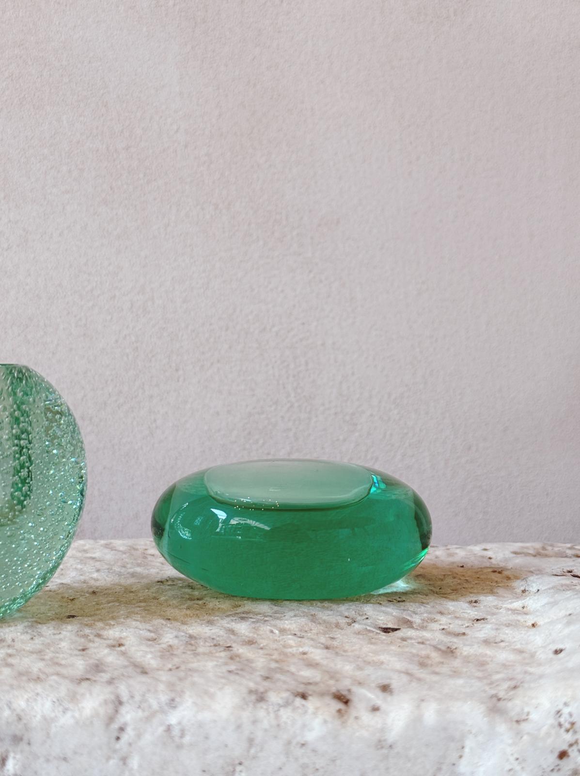 1970s Hand-blown Turquoise Murano Glass - Candlestick and Carlo Moretti Paperweight