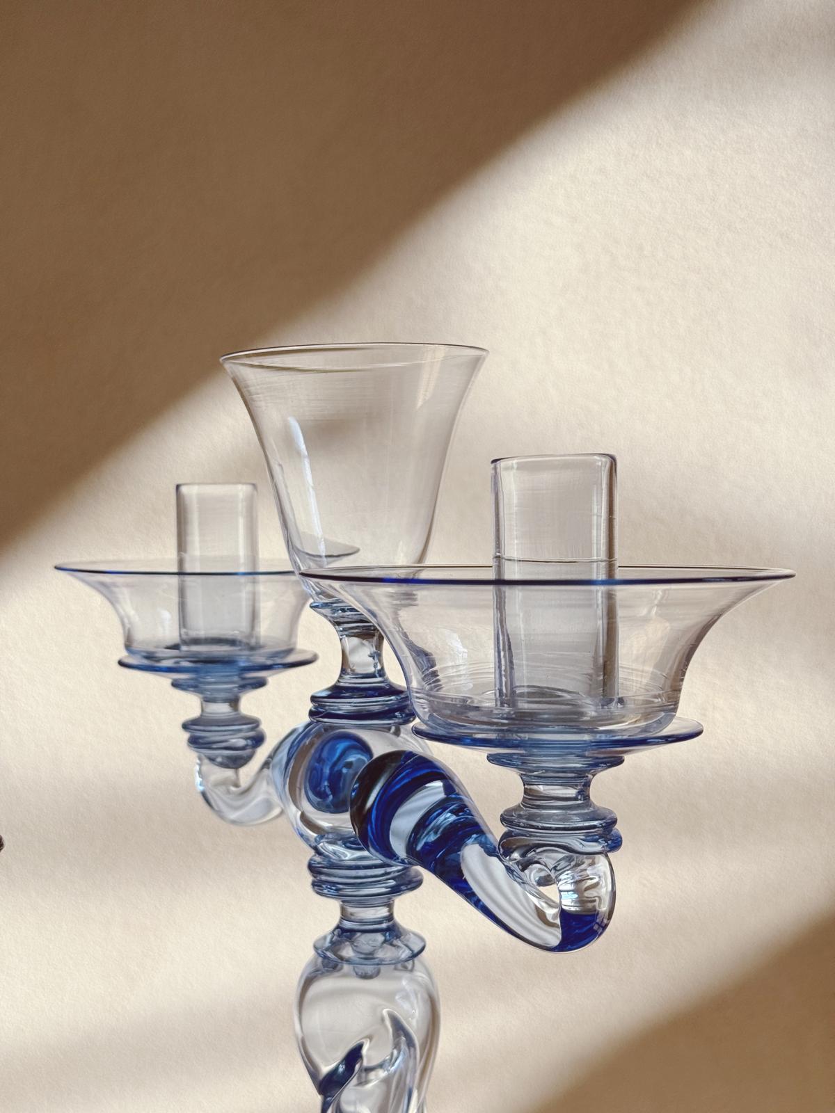 Pair of Hand-Blown Murano Glass Blue and Pink Candelabra by Pauly & Co, 1940s