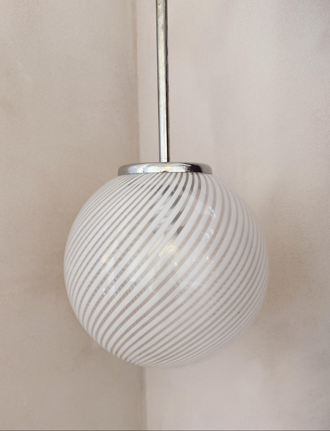 1960s Venini Murano Glass Striped Ball Ceiling Light