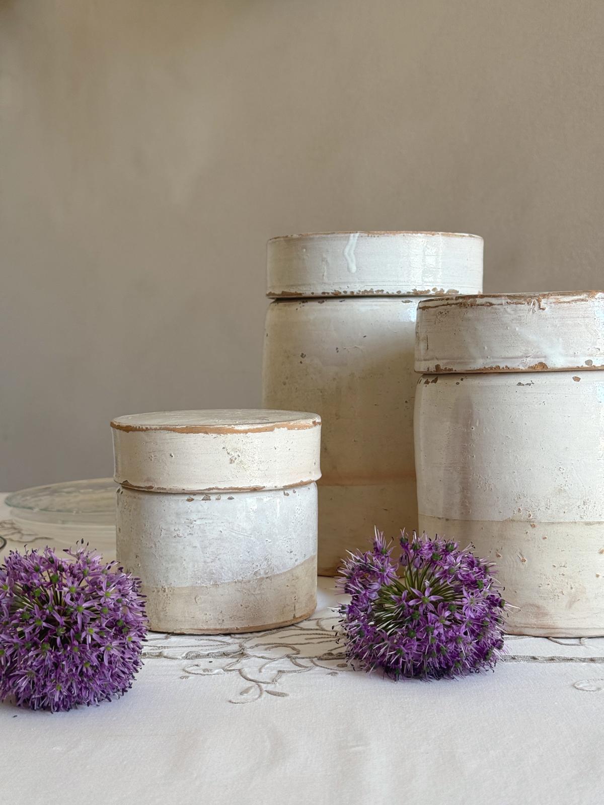1940s Set of 3 Pugliese Cream Ceramic Pots