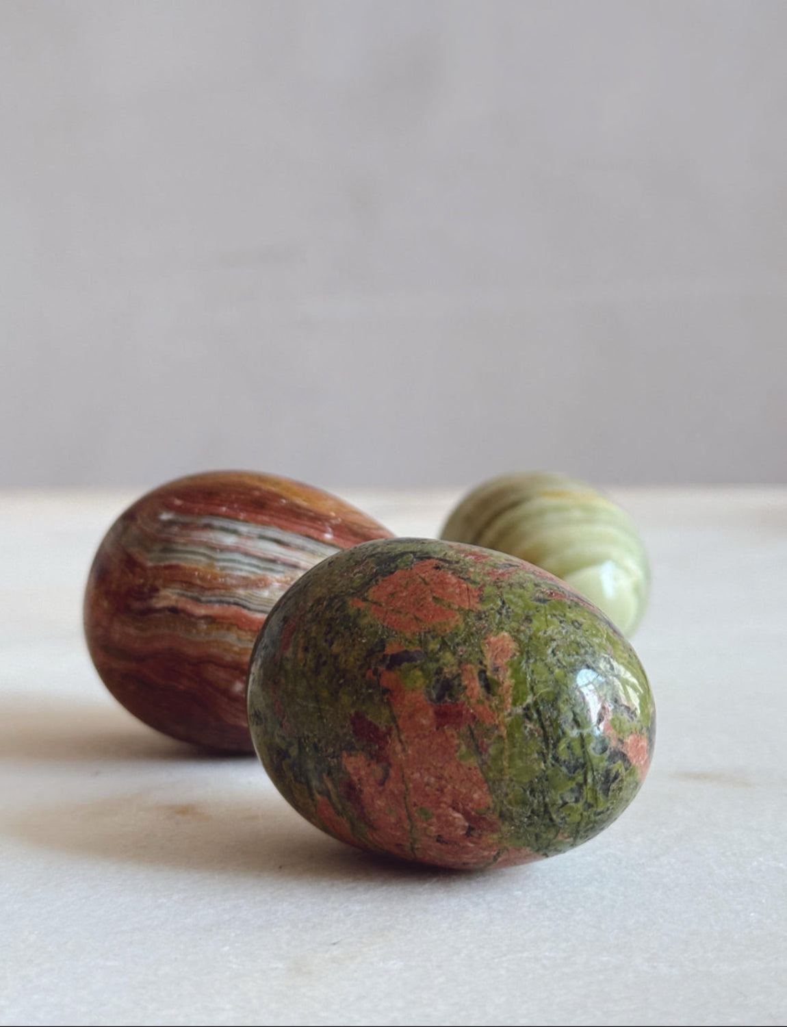 Set of Three Vintage Alabaster & Marble Green Eggs