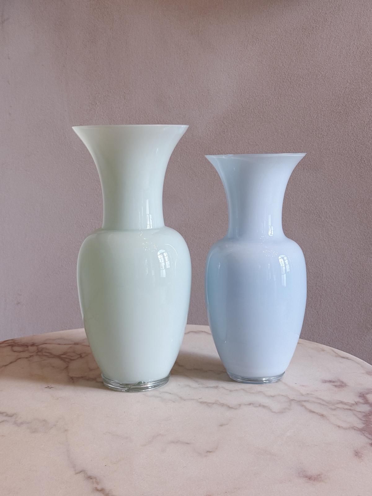 Pair of Powder Blue and Green Hand-blown Murano Glass Venini Vases, 1980s