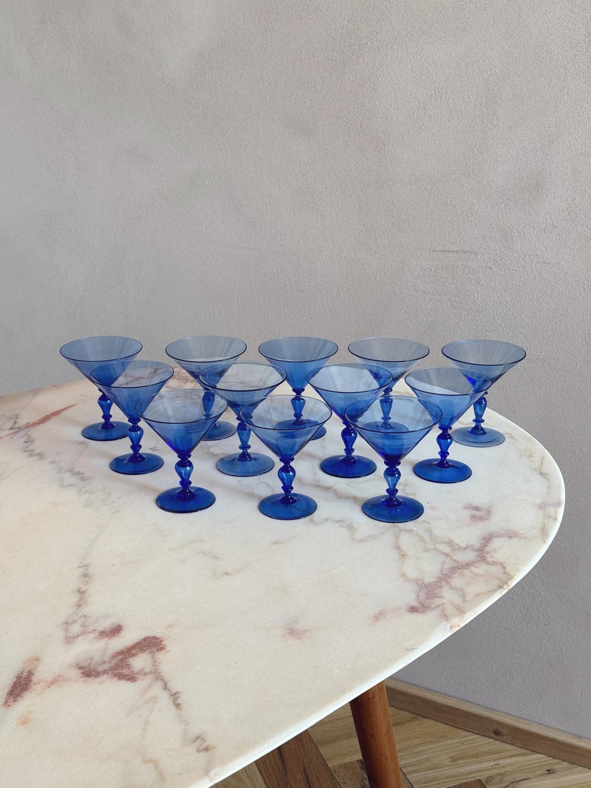 1920s Barovier Blue Hand-blown Murano Cocktail Glasses (Set of 12)