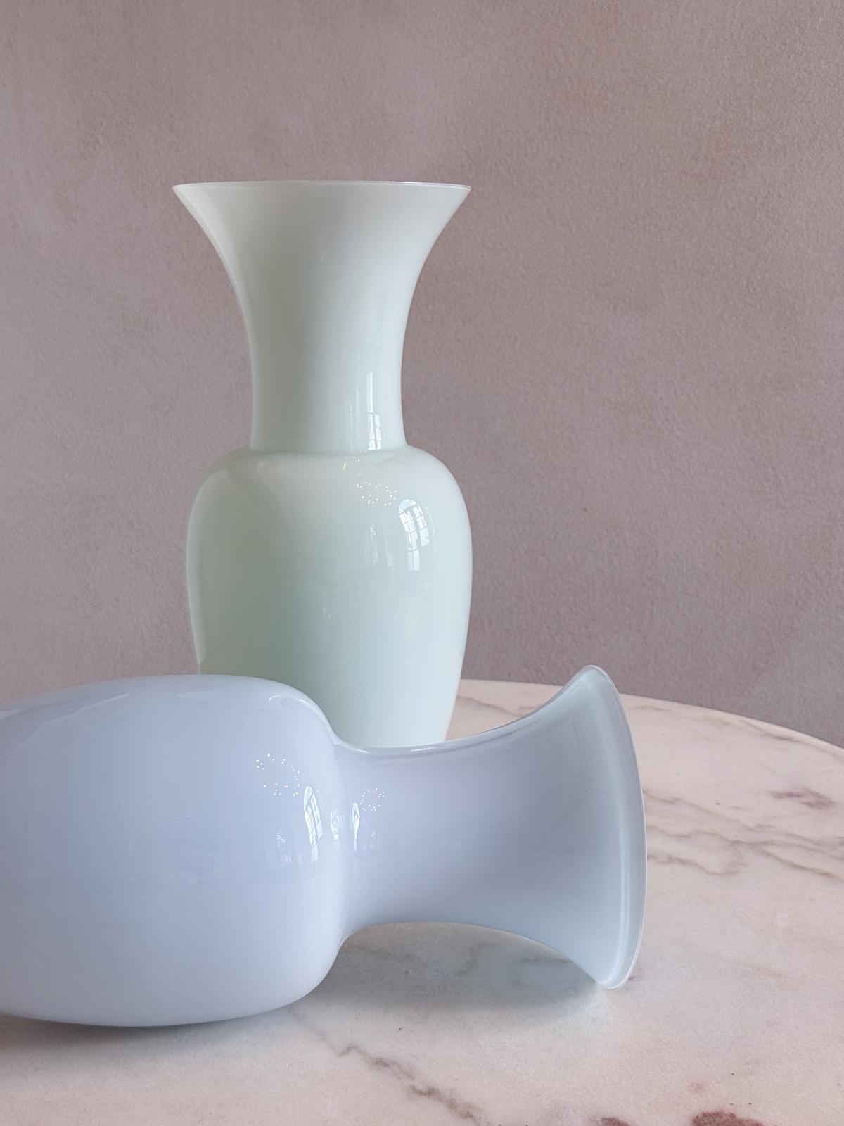 Pair of Powder Blue and Green Hand-blown Murano Glass Venini Vases, 1980s