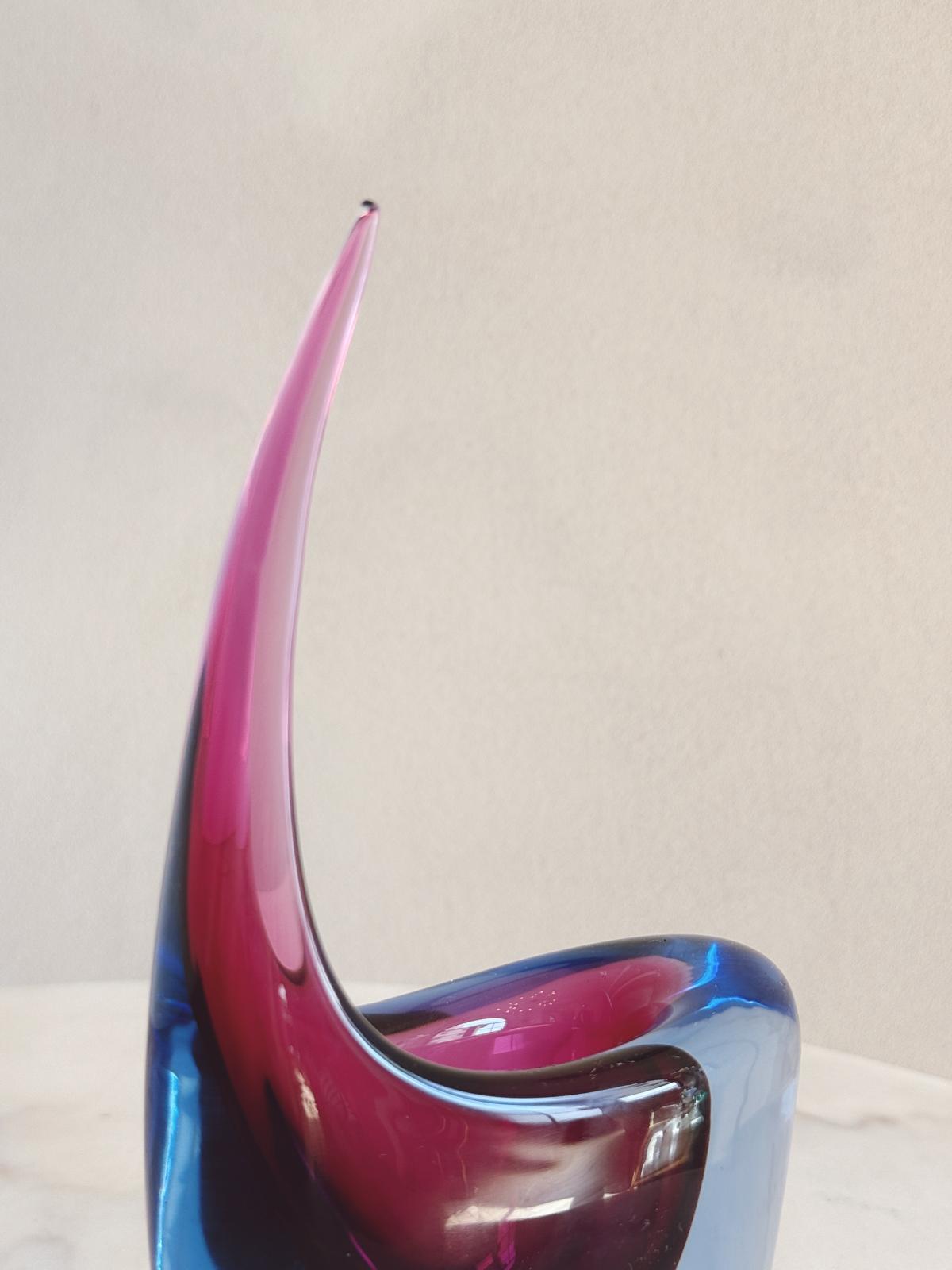 1970s Blue and Purple Sommerso  Murano Glass Curled Vase