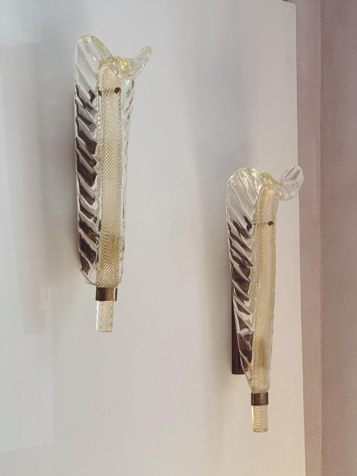 Pair of ex-Bauer Hotel   Murano glass Leaf Wall lights, attributed to Seguso Vetri d’Arte, Venice, 1950s