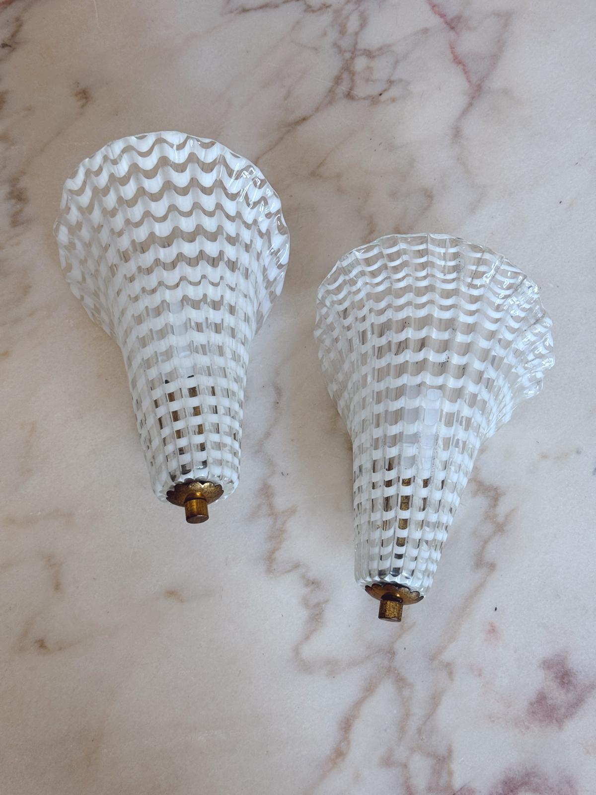 Pair of 1950s Murano Glass Reticello Appliques