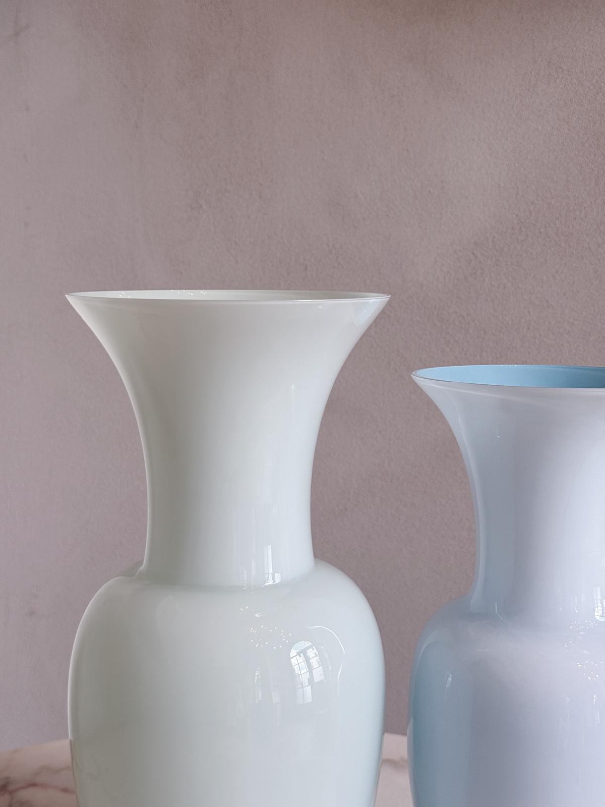 Pair of Powder Blue and Green Hand-blown Murano Glass Venini Vases, 1980s