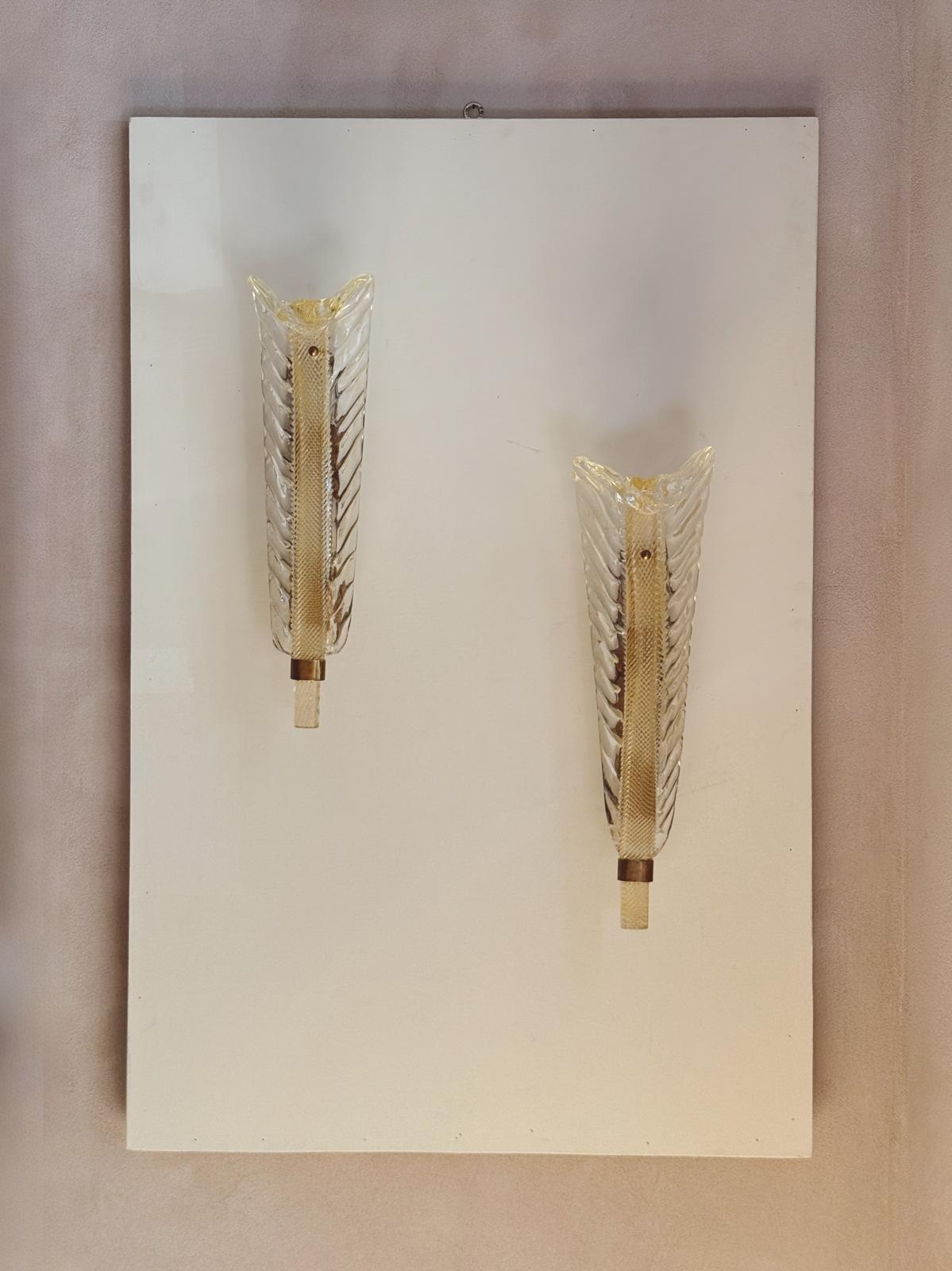 Pair of ex-Bauer Hotel   Murano glass Leaf Wall lights, attributed to Seguso Vetri d’Arte, Venice, 1950s