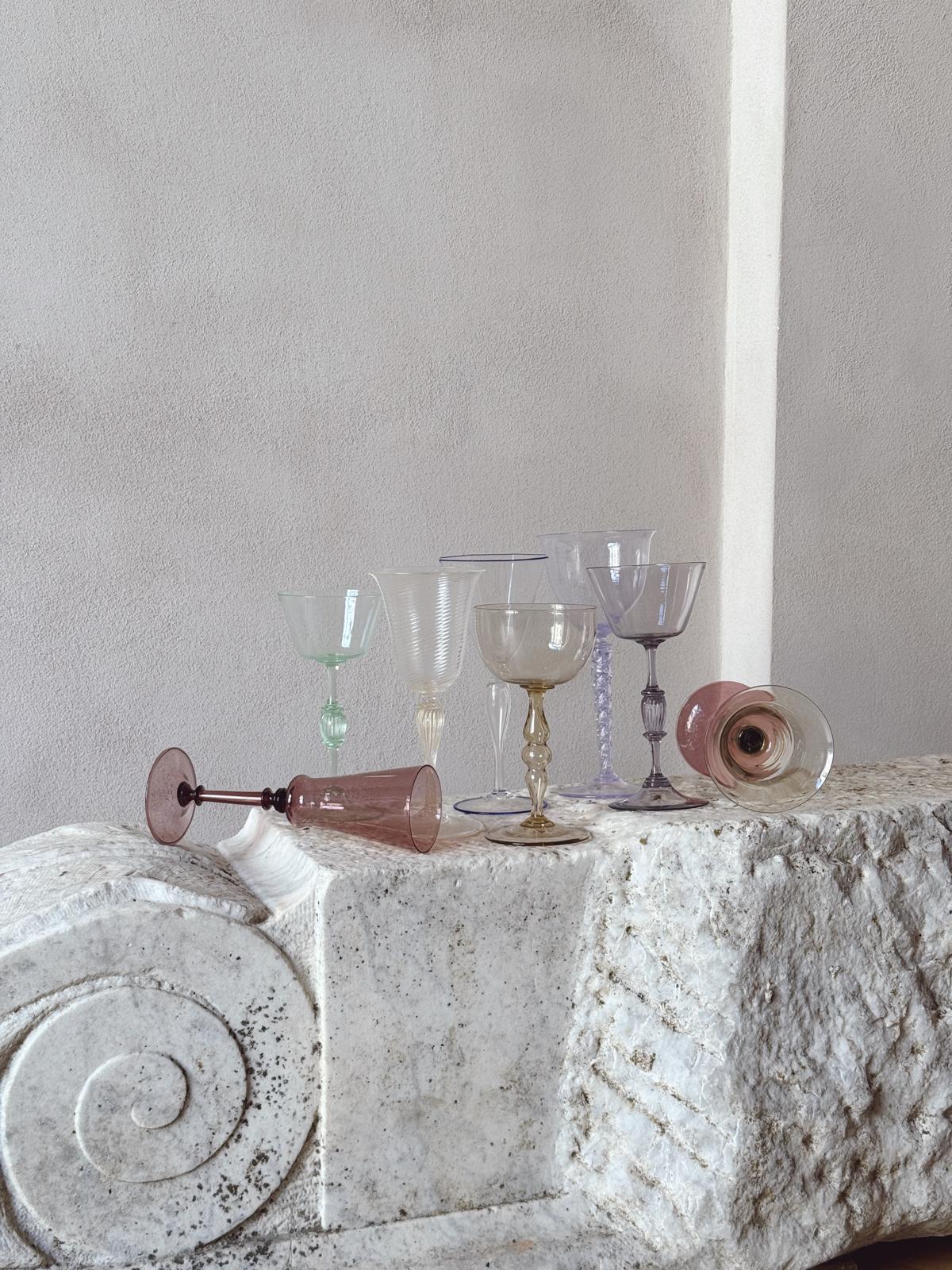 'Perfectly Unmatched' 1930s Marchese Murano Wine Glasses (Set of 8)