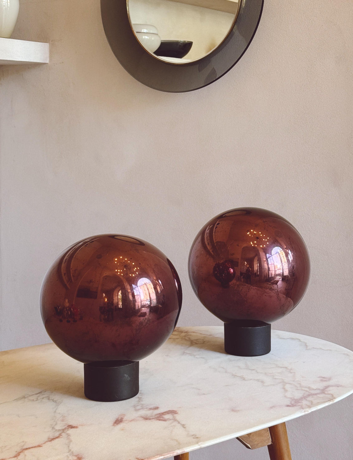 1950s Pair of Giant vintage Burgundy Mirrored Balls