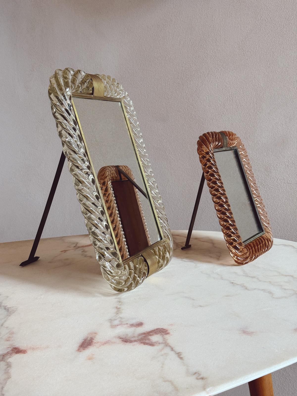 Pair of 1940s & 50s Venetian Peach & Transparent Murano Glass Frames with Mirror by Seguso, Vetri D'Arte & Venini