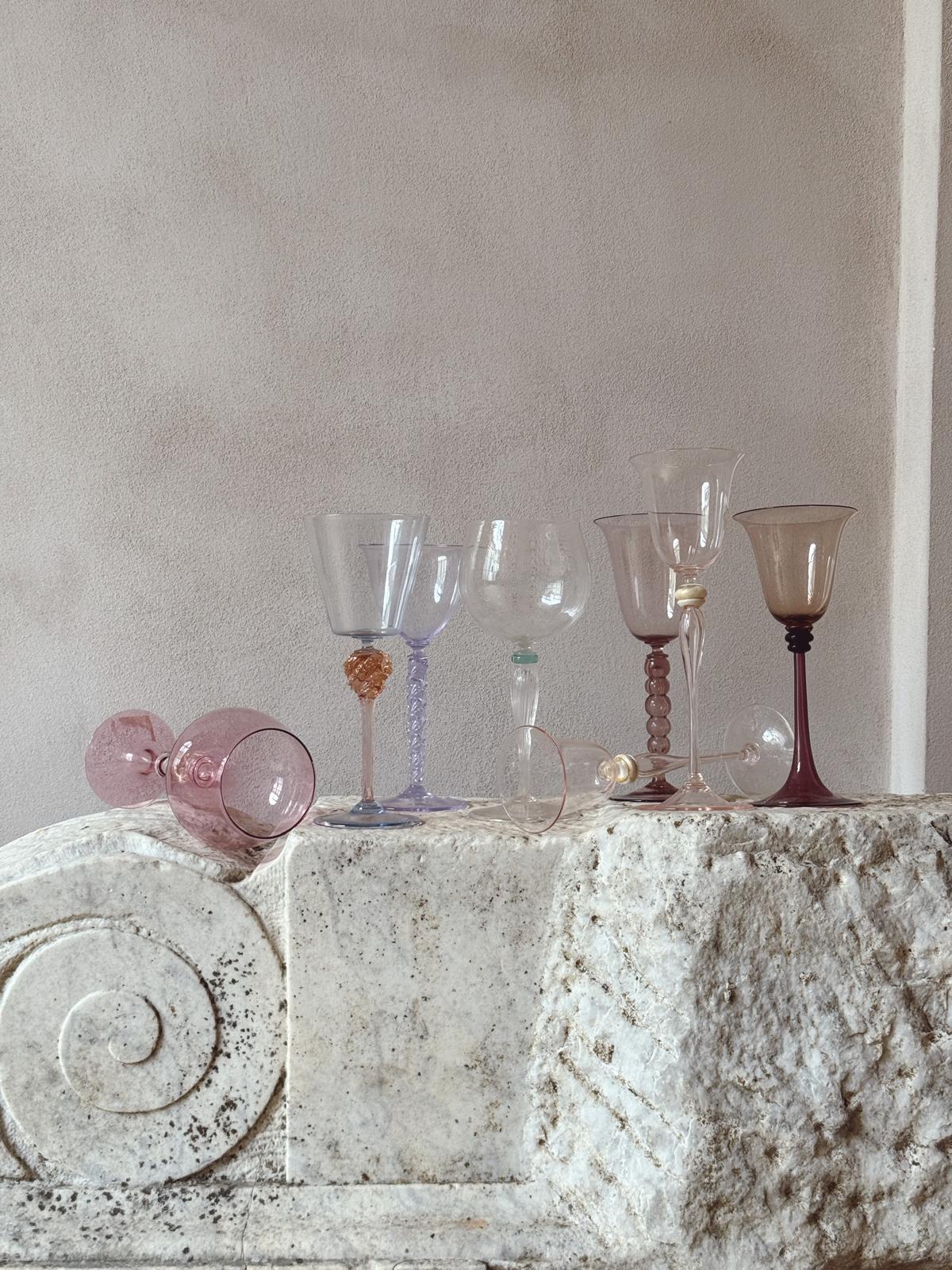 'Perfectly Unmatched' 1930s Principe Murano Very Tall Wine Glasses (Set of 8)