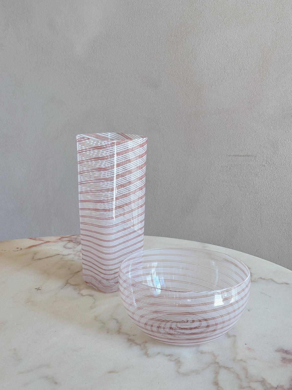 1970s Barovier & Toso Signed Pink & White Murano Glass Vase and Bowl