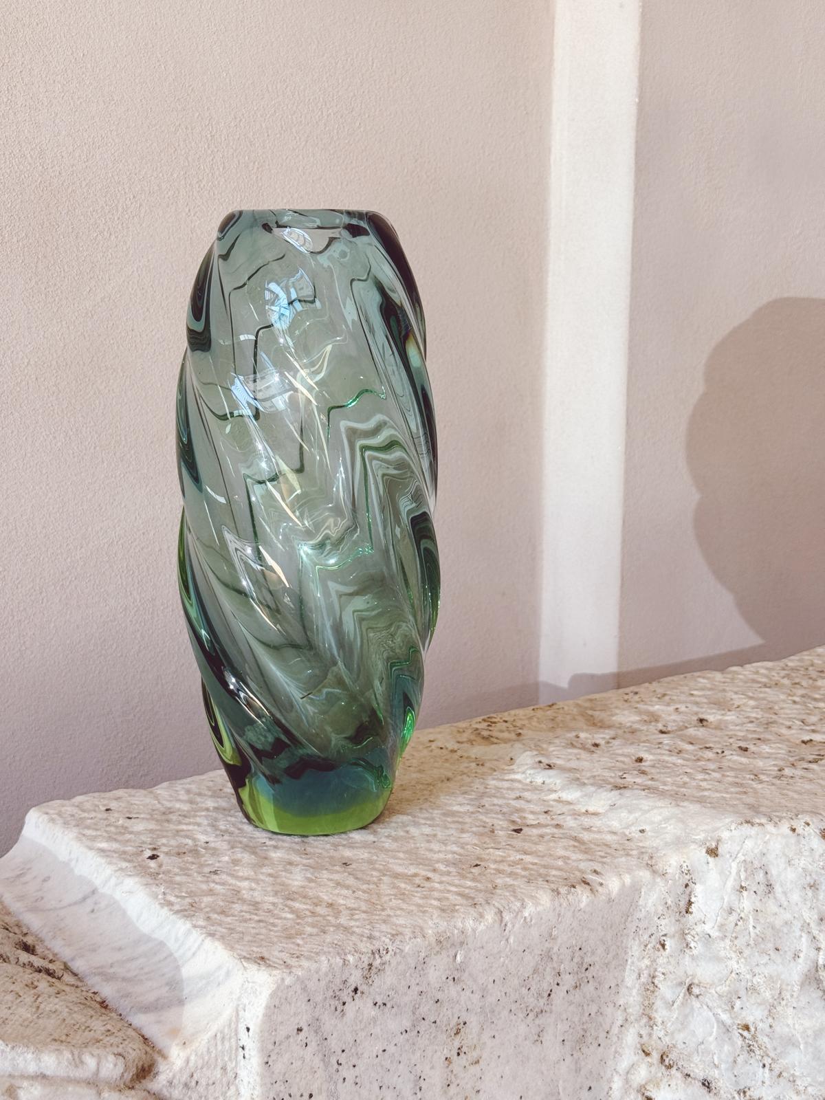 1970s Twisted Pale Marine Blue Murano Glass Vase by Seguso