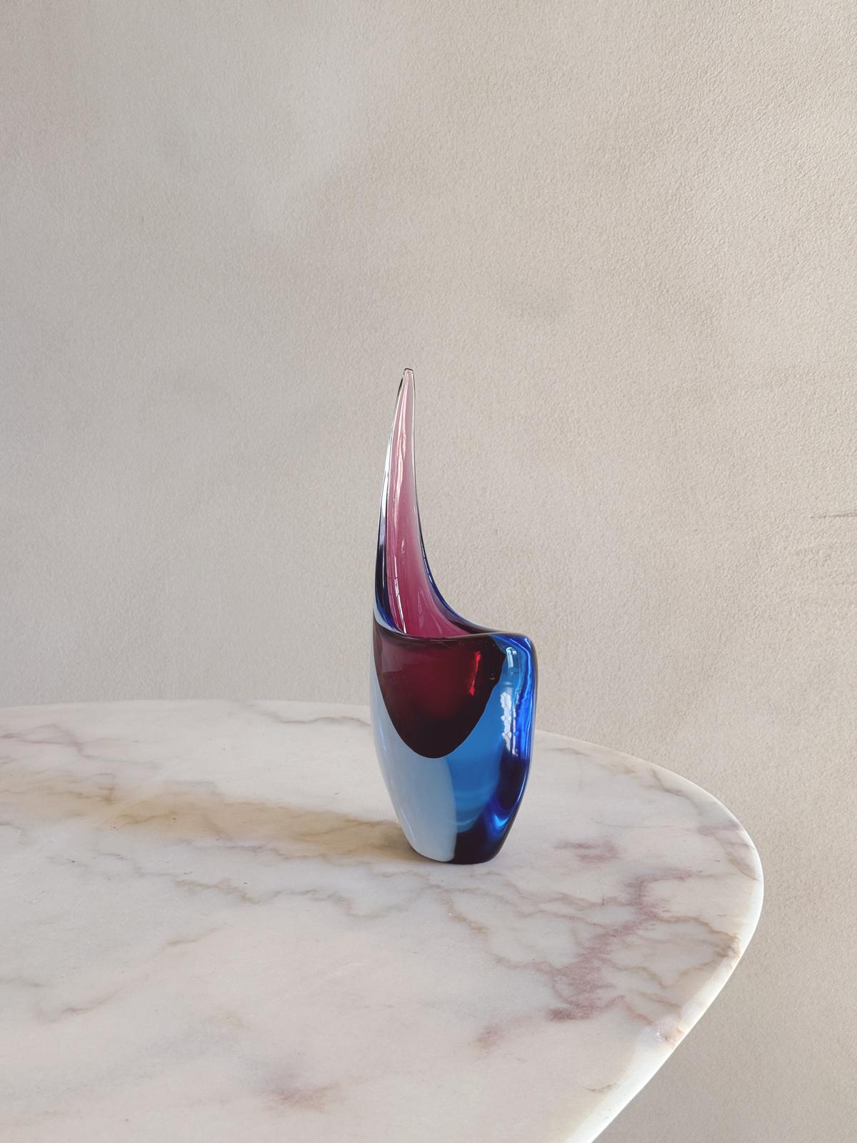 1970s Blue and Purple Sommerso  Murano Glass Curled Vase