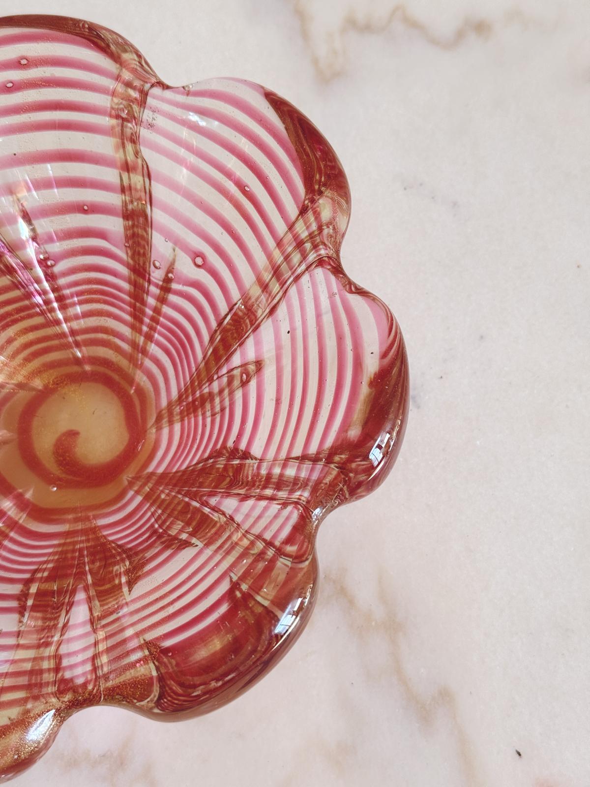 1950s Barovier Ogange Striped Murano Glass Flower Shaped Bowl