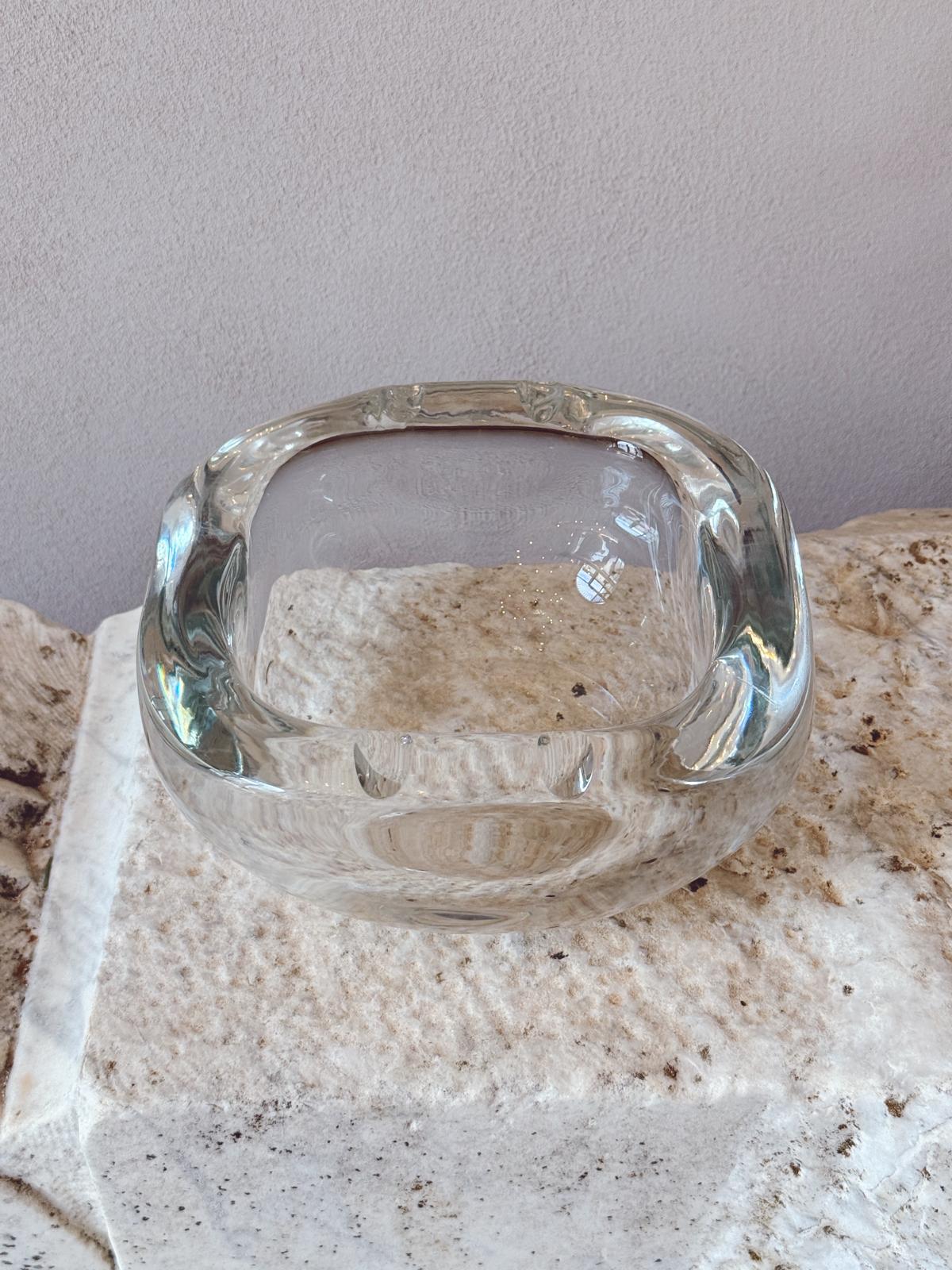 1970s Large Square Murano Glass Signed Barbini Transparent Bowl