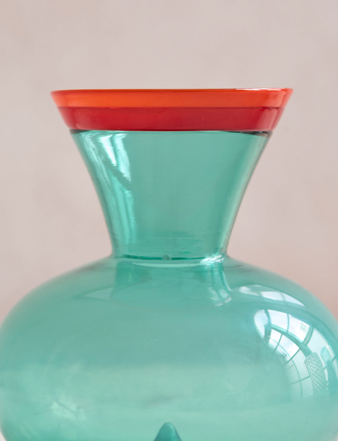 Hand-blown Turquoise Vase with Red and Orange Collar, Flavio Poli, 1955