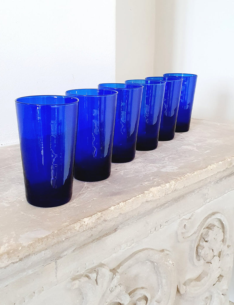 Set of six large blue 1950s Empoli water glasses