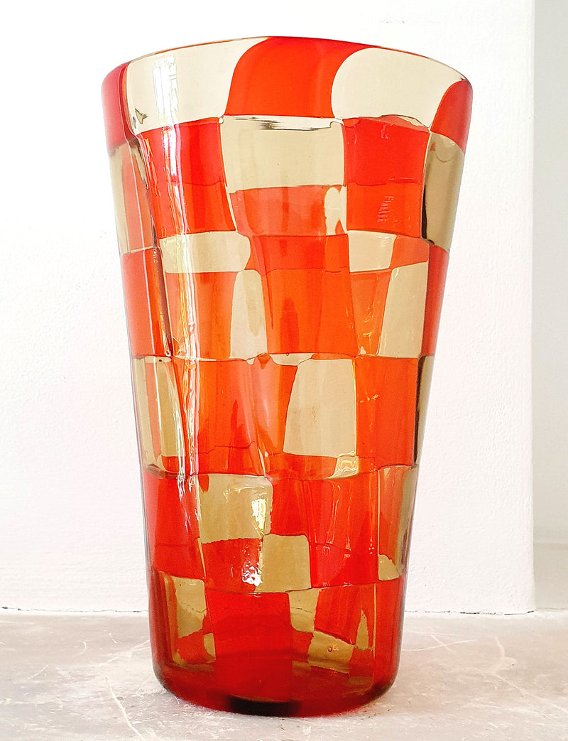 1970s Barovier & Toso Orange and yellow check vase