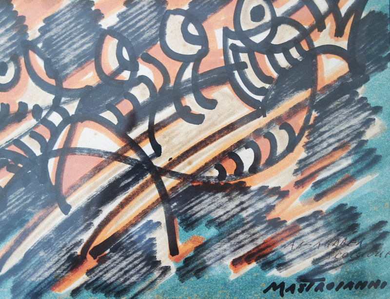 Pair of 1950s Signed Mastroianni Abstracts, Pen on Paper