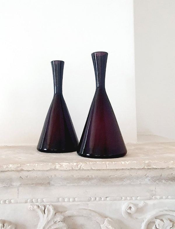 Pair of 1950s Conical Cranberry Empoli Glass Bottles