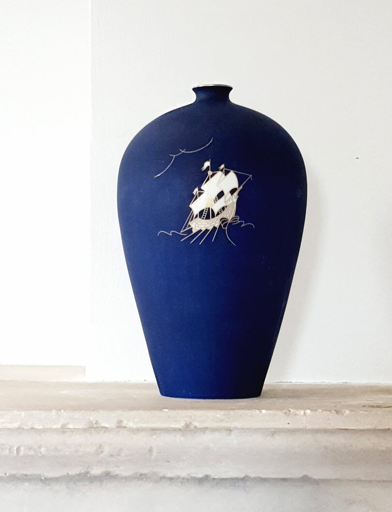 1930s Signed Richard Ginori Blue Vase with Ship