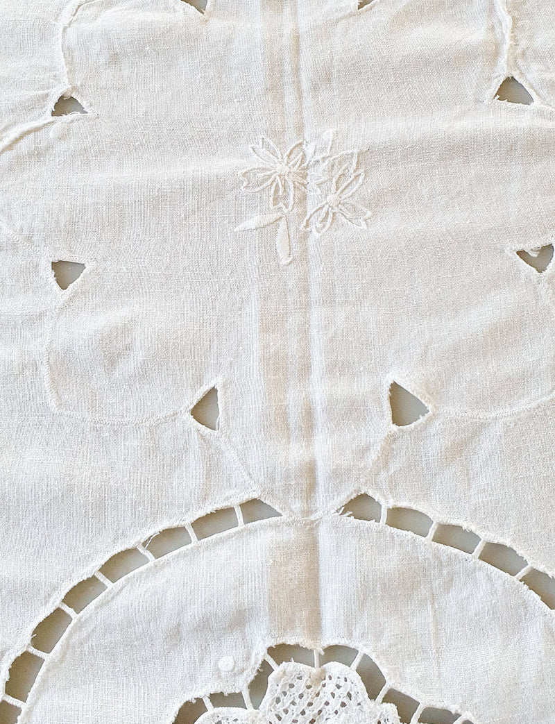 1940s Large Embroidered Italian linen Tablecloth