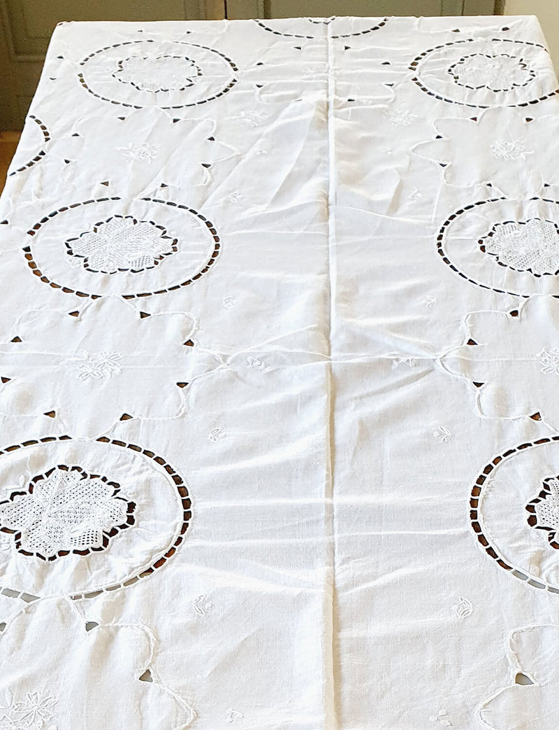 1940s Large Embroidered Italian linen Tablecloth