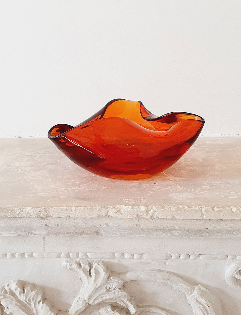 1970s Folded Murano glass orange bowl